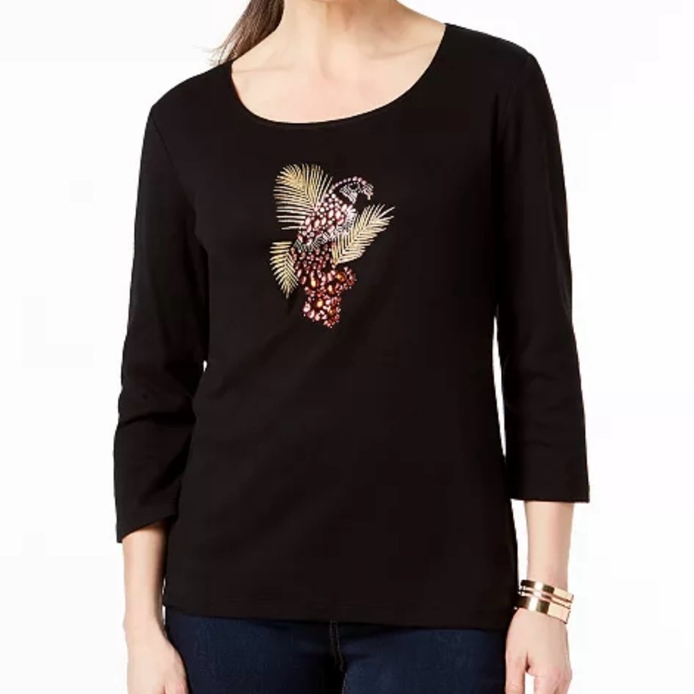 Karen Scott Black 3/4 Long Sleeve Top with Bird Embellished New